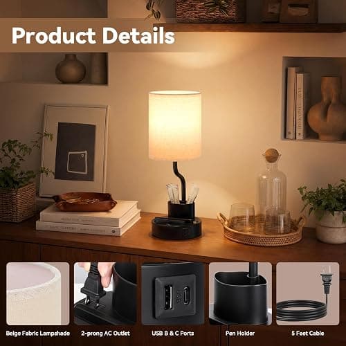 Fenmzee Bedside Lamps for Bedroom Set of 2 - Table Desk Lamp for Nightstand | 15" Table Lamp for Living Room with Pen Holder & Phone Stand, USB A+C Port, AC Outlet, 3 Color Temperature, LED Bulb Included thumbnail 7