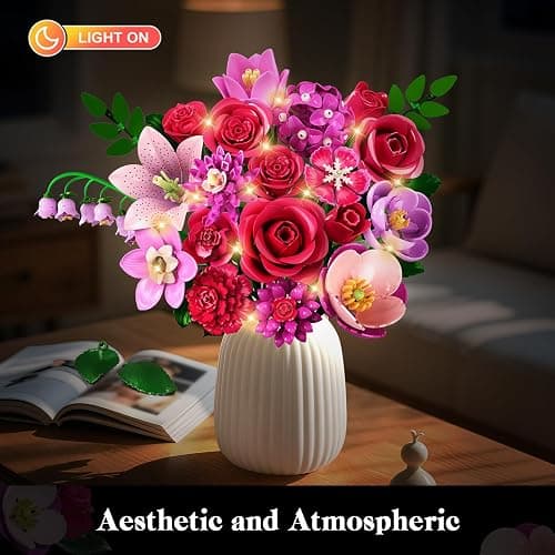 CUBIMANA Flowers Bouquet Building Set with Light - 21 Rose Red Botanical Collection Building Block Set for Adults, 832 PCS Flower Plant Kit for Home Decor, for Her Women Girls Kids 12+ thumbnail 8