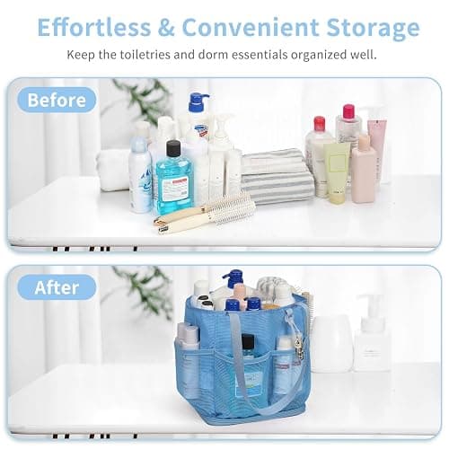 Mesh Shower Caddy Portable for College Dorm Room Essentials, Shower Tote Bag with Hanging Hook and Drawstring, Quick Dry Toiletry Bag with 6 Pockets for Bathroom, Swimming, Gym, Camping, Beach, Travel - Blue thumbnail 8