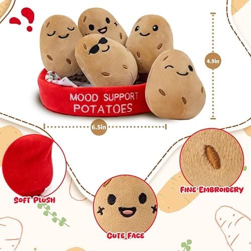 GERBIT Potato Stuffed Animal Cute Plush Toys, 5 Pcs Mood Support Potato Plush and Plushies with Carry Basket, Funny Squeeze Toys Home Desk Decor Cheer up Doll Gift for Kids Adults Friends Her Sister thumbnail 3