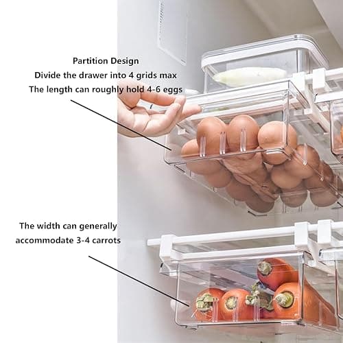 YekouMax Fridge Drawer Organizer, Refrigerator Organizer Bins, Pull Out with Handle, Fridge Shelf Holder Storage Box, Clear Container for Food,Drinks,Fit for Fridge Shelf Under 0.6" (2 Pack Medium) thumbnail 6