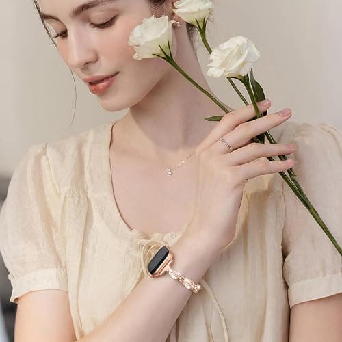 Maledan Rose Diamond Metal Bands Compatible with Apple Watch Series 11/10/9/8/7/6/5/4/3/2/SE/Ultra Women, Stylish Bling Jewelry Bracelet Replacement Bands for iWatch 38mm 40mm 41mm 42mm 44mm 45mm 46mm thumbnail 4