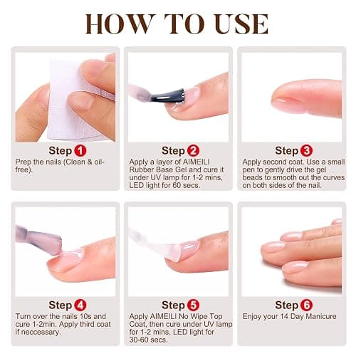 AIMEILI Rubber Base Gel For Nails, Soak Off U V LED Hema Free Clear Sheer Gel Nail Polish, 4 in 1 Nail Strengthen/Enhance/Base Coat/Color Gel Polish Set Of 6pcs X 10ml - Kit 54 thumbnail 7
