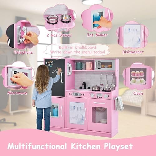 HONEY JOY Pink Kids Kitchen Playset, Wooden Little Chef Pretend Toy Kitchen Set w/Chalkboard, Telephone, Utensils, Oven, Microwave, Sink, Play Kitchen for Toddlers, Gift for Boys Girls, Pink thumbnail 5