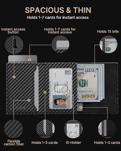 typecase Mens Wallet Card Holder: Pop Up Aluminum Case, Genuine Leather, Smart, RFID Blocking, Slim, Minimalist, Front Pocket - 9-14 Card Capacity | ID Window | Cash Slot (Carbon Fiber) thumbnail 3