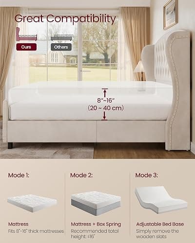 VASAGLE Queen Bed Frame with Tall Headboard, Upholstered Platform Bed Frame Queen Size, with Wingback Tufted Headboard and Footboard, Wooden Slats, No Box Spring Needed, Cappuccino Beige URMB881W01 thumbnail 6