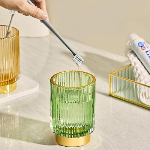LEICURACE Makeup Brush Holder Organizer,Toothbrush Holders,Desk Pen Pencil Holder,Multifunctional Vintage Glass Brush Cup（L/Green/A3-6-US） thumbnail 2