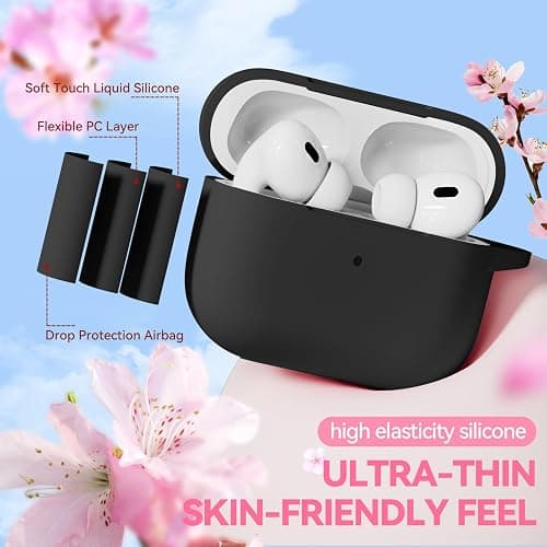 Soft Silicone Case for AirPods Pro 2nd/1st Generation, Protective Cases Cover with Cleaning Kit & Keychain, Compatible with AirPods Pro 2 for Women Girly, Anti-Scratch, Shockproof (Black) thumbnail 2