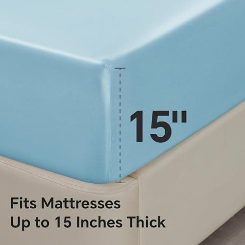 BEDELITE Satin Fitted Sheet and Pillowcase Set, Luxury Soft Similar to Silk Bottom Bedsheet with Elastic Corner Straps, Deep Pocket up to 15 Inch, 1 Fitted Sheet and 1 Pillowcase(Twin, Light Blue) thumbnail 5