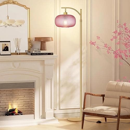Duoled Glass Floor Lamp for Living Room, Modern Tall Standing Lamp with Pink Glass Lamp Shade, Dimmable Gold Tall Floor Lamp for Bedroom Office with Remote Control, 1 x 12W LED Bulbs Included thumbnail 2