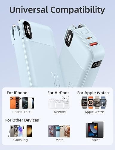 RORRY Portable Charger Built in Cables, AC Wall Plug in Portable Charger Power Bank 10000mAh Travel Battery Pack 22.5W Fast Charging for iPhone 17/16/15 Samsung Galaxy S24/S23/S22 Pixel LG iPad, Blue thumbnail 7