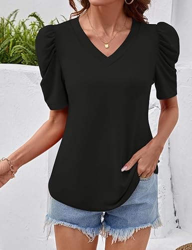 IECCP Women V Neck T Shirts Puff Short Sleeve Tops Fashion Dressy Casual Tunic Loose Fit Blouses thumbnail 2