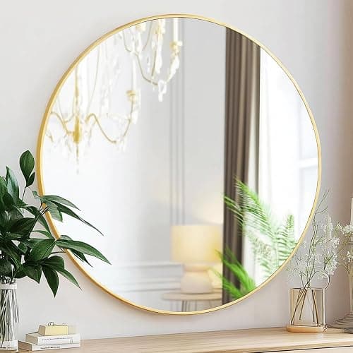 Sunniry Gold Round Mirror, 24 inch Circle Mirror, Gold Brushed Metal Frame Bathroom Mirrors, Round Wall Mounted Mirrors for Bathroom, Hallway, Living Room, Bedroom. - Image 1