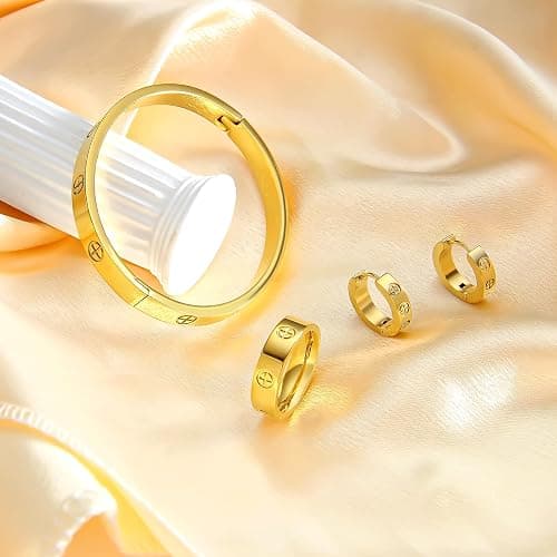 3 Pcs Hoop Earrings Bracelets Ring Sets for Women-18K Gold Plated Love Bracelet Cubic Zirconia Cuff Bangle Hoop Earrings Friendship Love Ring Jewelry Set,Wedding Party Christmas Valentine's Day Birthday Gifts for Her Girlfriend Sister Daughter thumbnail 7