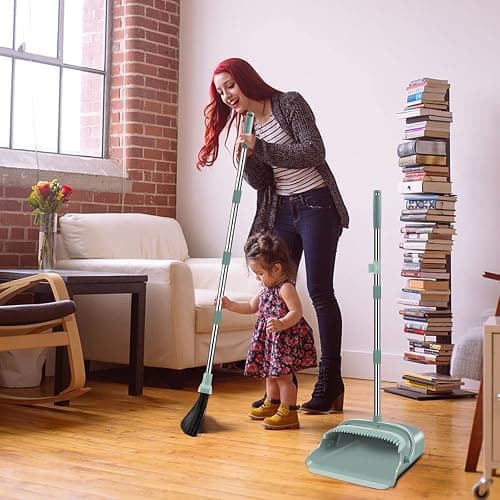 kelamayi Upgrade Broom and Dustpan Set, Large Size and with Long Handle, Upright,Ideal for Indoor Outdoor Garage Kitchen Room Office Lobby Use (Green) thumbnail 7