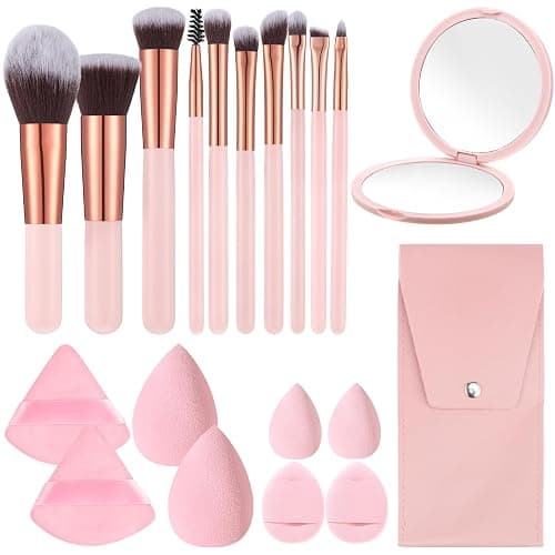 20PCS Travel Makeup Brush Set,10 Pcs Small Makeup Brushes with Mirror,Storage Bag and 8PCS Makeup Sponges for Home,Travel, Party - Image 1