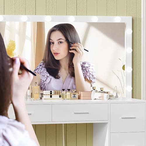 usikey 47.2" Large Vanity Desk with Lighted Mirror, 14 Lights, Makeup Vanity Table with 5 Large Drawers & Charging Station, Makeup Vanity Desk, Vanity Table Set for Bedroom, White thumbnail 8
