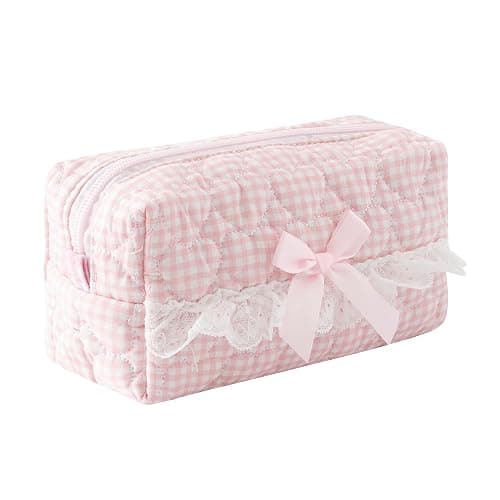 Aniute Floral Quilted Pencil Case with Bow Large Capacity Aesthetic Pen bag Makeup Bag Cute Cosmetic Organizer Pouch Stationery Storage Bag for School Office Travel (Pink heart) - Image 1