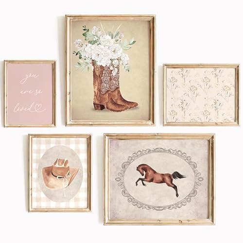 Cowgirl Nursery Wall Art Coquette Western Girl Poster Vintage Horse Floral Canvas Pictures Aesthetic Pink Preppy Room Wall Decor Rustic Cowgirl Prints for Girls Bedroom 8x10x5 Inch Unframed - Image 1
