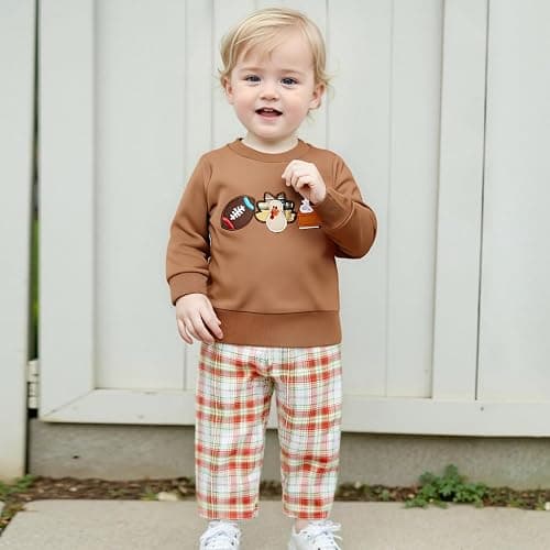 Mobbdow Toddler Baby Boy Thanksgiving Outfit Football Turkey Pumpkin Pie Crewneck Sweatshirt and Plaid Pants Set Fall Clothes thumbnail 2