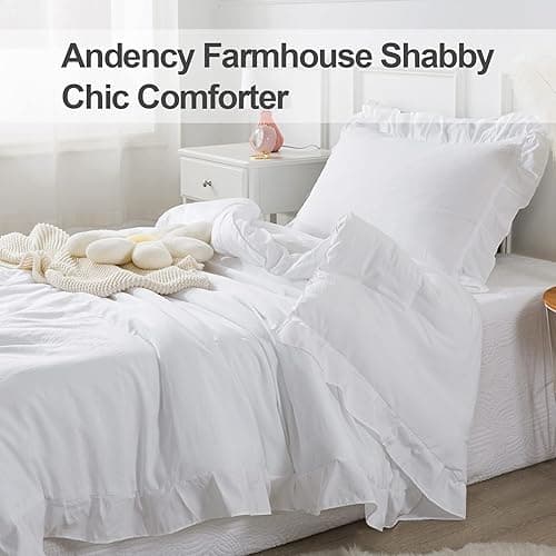 Andency White Comforter Twin Size, 2 Pieces Solid Farmhouse Shabby Chic Ruffle Bedding Comforters & Sets, All Season Soft Lightweight Fluffy Bed Set for Kids Girls Teens - White - Twin thumbnail 7