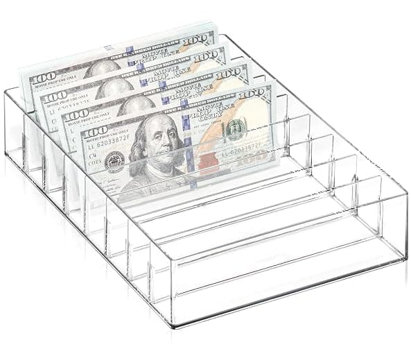 XUWAIDSGN Large Acrylic Cash Organizer 8 Section Clear Money Budget Tray Organizer Plastic Divider Bill Storage Holder for Cash Envelope (Clear) - Image 1