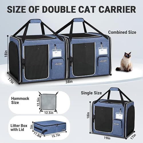Petskd 2 in 1 Double Cat Car Travel Carrier with Litter Box, 38"x17"x18" Portable Dual Extra Large Cat Carrier for Multiple Cats with Zipper Locks for Moving Across The Country thumbnail 2
