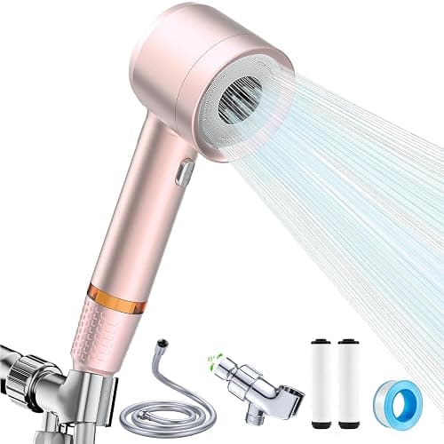 High Pressure Shower Head with Handheld, with Pause Switch 4 Spray Modes Water Saving Showerhead,Showerhead Set with Hose, Bracket and Cotton Filter, (pink) - Image 1
