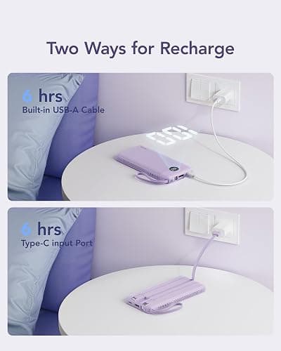 VRURC Portable Charger Power Bank, 10000mAh Travel Essentials Battery Pack, 5 Outputs 2 Inputs Slim Charging Bank Built-in Cables Cords Wires Compatible with iPhone,Samsung,Android-Lavender(1 Pack) thumbnail 6