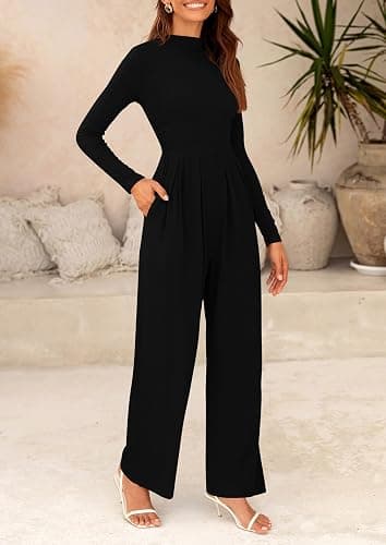 PRETTYGARDEN Long Sleeve Wide Leg Jumpsuits for Women | Soft Stretchy Mock Neck, One Piece Travel Outfit, Comfy Pockets, Elegant Romper for Fall Spring Work, Casual Outing & Cruise thumbnail 6