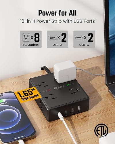 10Ft Extension Cord with Multiple Outlets, Flat Plug Power Strip Surge Protector with 10 Ft Long Cord, 8 Outlet 4 USB Ports (2 USB C), Multi Outlet Wall Plug for Office, College, Dorm Room Essentials thumbnail 3