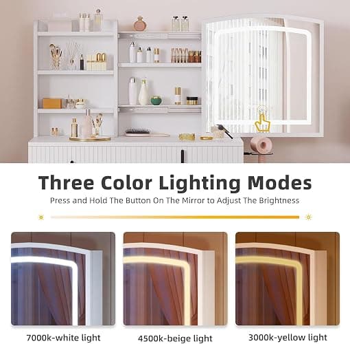 YITAHOME Fluted Vanity Desk with Mirror and Light, Big Vanity Set with Power Outlet, Hidden Jewelry Storage, Makeup Desk with 4 Drawers, Dressing Table with Soft Stool, 3 Lighting Color Modes, White thumbnail 6