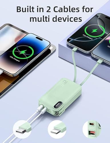 RORRY Portable Charger Built in Cables, AC Wall Plug In Portable Charger Power Bank 10000mAh Travel Battery Pack 22.5W Fast Charging for iPhone 17/16/15 Samsung Galaxy S24/S23/S22 Pixel LG iPad, Green thumbnail 3