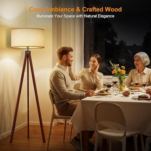 LEPOWER Wood Tripod Floor Lamp, Mid Century Standing Lamp, Modern Design Studying Light for Living Room, Bedroom, Study Room and Office, Flaxen Linen Shade with E26 Base Brown thumbnail 6