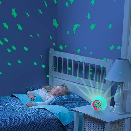 Tarklanda Kids Alarm Clock,Moon Stars Projector Alarm Clock,7 Color Changing Night Light,Snooze Touch Control Temperature for Kids’ Bedroom, Digital Clock for Girls Boys Children - Image 1