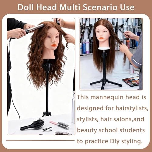 Mannequin Head with 100% Human Hair, TopDirect Real Hair Cosmetology Mannequin Head Hair Styling Hairdressing Practice Training Doll Head with Clamp Holder and Tools (Dark Brown) thumbnail 5