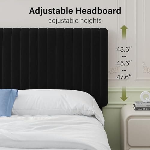 Lullabyre Twin Bed Frame Velvet Upholstered Platform Bed with Adjustable Vertical Channel Tufted Headboard and Footboard, No Box Spring Required, Easy Assembly, Black thumbnail 4