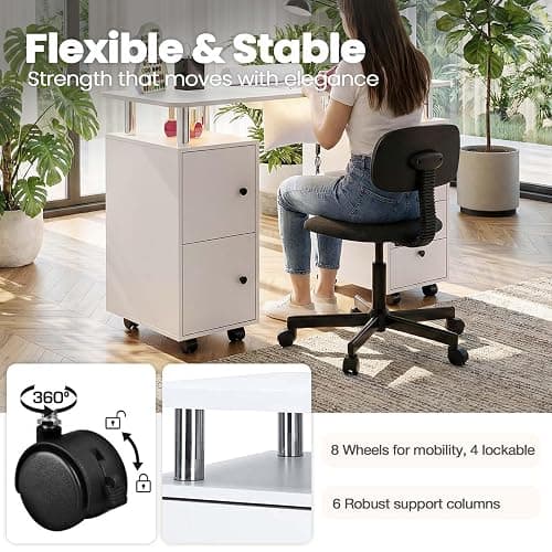 Oakvera Nail Tech Table with Dust Collector & LED Light, Rolling Manicure Desk with Storage Drawers & Cabinets, Lockable Wheels, Acetone-Resistant Beauty Workstation for Salon, Home (White) thumbnail 7