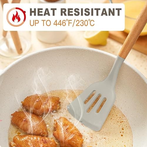 FIOUSY Kitchen Utensil Set, 12 PCS Silicone Cooking Utensils Set with Wooden Handle, Heat Resistant, Nonstick Cookware Tongs Spatula Spoon Set, Dishwasher Safe, Best Kitchen Tools (Khaki) thumbnail 6