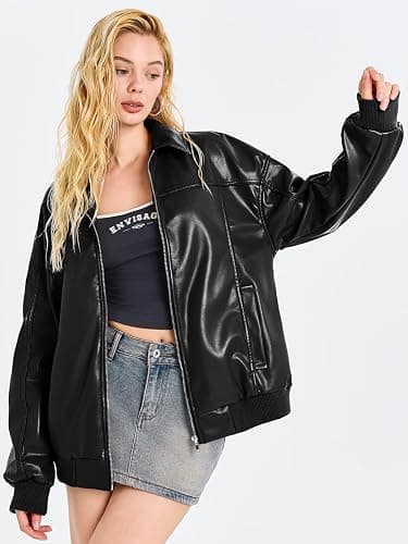 Tankaneo Womens Faux Leather Jackets Oversized Bomber Casual Fall Fashion Zip Up Moto Biker Coats thumbnail 3