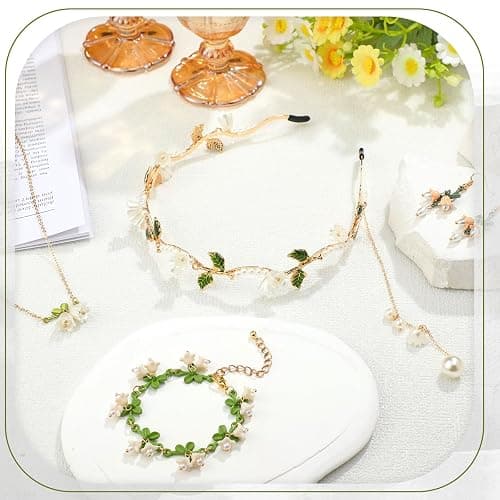 Tondiamo 4 Pcs Cherry Blossom Jewelry Set Cute Cherry Blossom Gifts Pink Flower Fairy Necklace Bracelet Dangle Earrings Headband Whimsical Jewelry for Women Bride Wedding Valentines Gift thumbnail 4