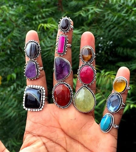 SAJTOX Handcrafted 10 Pcs Stackable Silver Plated Gemstone Rings for Women (US 5 to 12 Size) Vintage Boho Chunky Finger Statement Rings Set Birthday Gift for Women (Classy, Aesthetic & Comfortable) thumbnail 2