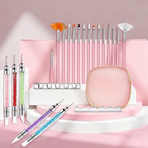 Nail Art Brushes, 23Pcs Set Nail Art Tools, including 2 Way Nail Art Sculpture Pen Dotting Pen Tools, Nail Art Brushes with Nail Brush Brackets, Resin Nail Art Palette for Nail Art DIY Tools (Pink) thumbnail 7