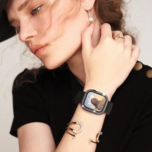 Adepoy for Apple Watch Case 44mm Series 6/5/4/SE with Tempered Glass Screen Protector, Double Bling Case Crystal Diamonds Rhinestone Bumper Overall Hard PC Slim Protective Cover For iWatch 44mm, Black thumbnail 6