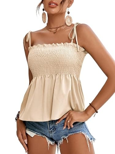 LYANER Women's Tie Shoulder Frill Shirred Ruffle Hem Sleeveless Strappy Cami Blouse Peplum Top - Image 1