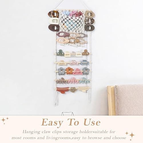 SNOWSTAR Macrame Hair Claw Clip Organizer,Large Capacity Mesh Bag Scrunchies Holder and Hair Ties Organizer for Women Girls,Hair Accessorie Hanging Storage Home Decor Wall,Door thumbnail 6