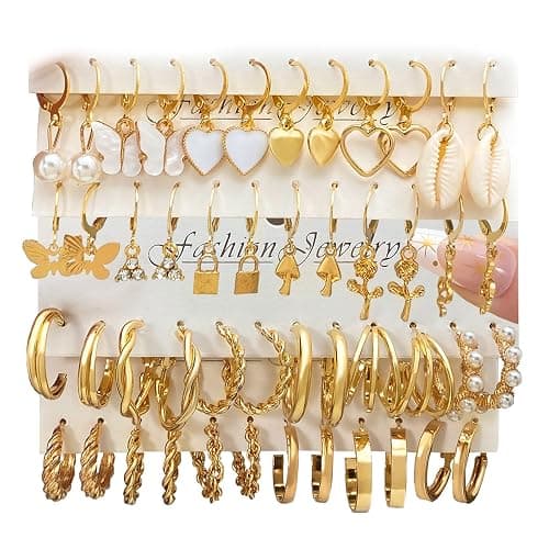 IFKM 24 Pairs Gold Hoop Earrings Set for Women Hypoallergenic Chunky Chain Twisted Open Hoops Dangle Earring Packs for Birthday Party Christmas Fashion Jewelry Gift - Image 1