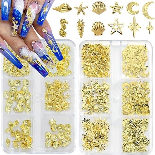 Gold Nail Charms, 2Boxes Gold Star Ocean Nail Gems Charms, Metal Small Star Moon Seashell Starfish Summer Charms for Acrylic Nail Art Alloy Nail Rhinestones for Women DIY Accessories - Image 1