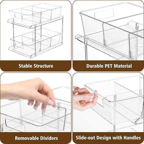 Fabspace Pull-out Home Organizer, 2 Pack 2 Tier Clear Bathroom Organizer with Dividers, Multipurpose Vanity Counter Tray, Kitchen, Closet Organizers, Cabinet & Storage Container Bins thumbnail 4