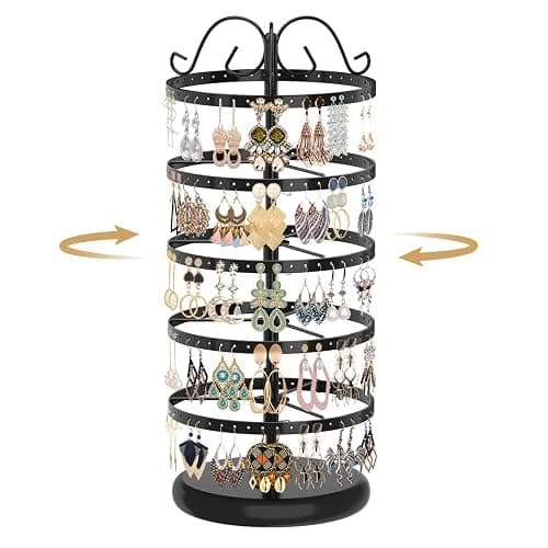 MODOWEY Rotating Earring Holder Organizer Stand, 5 Tier Metal Tree Display for Women Vendors, 220 Holes Adjustable Jewelry rack for Stud Hoop Dangle Storage, Trendy Carousel Keeps Dresser Neat, Black - Image 1